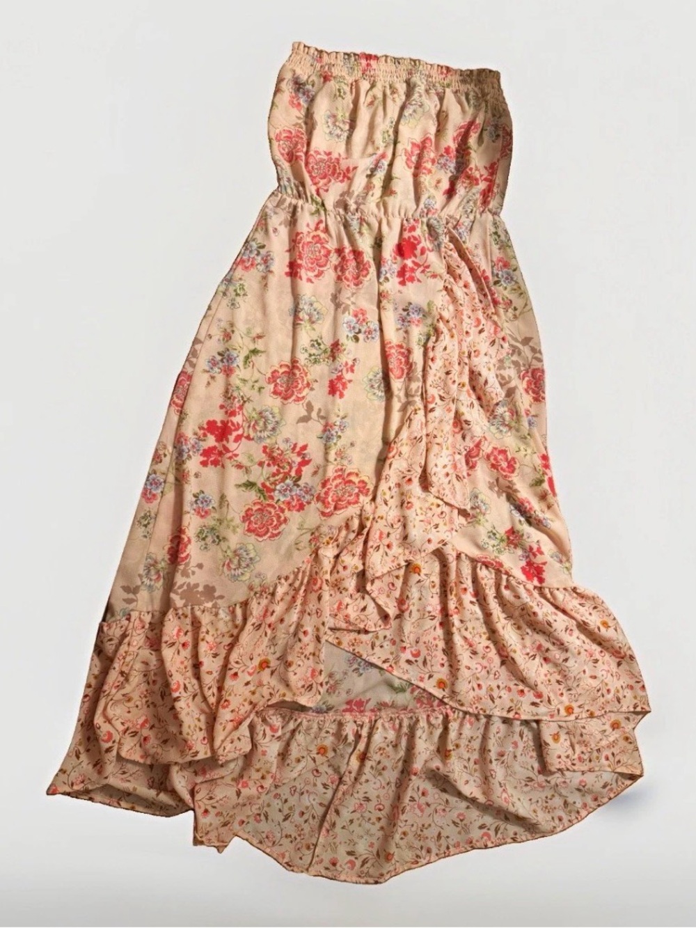 Floral Strapless Maxi Dress in Peach Pink